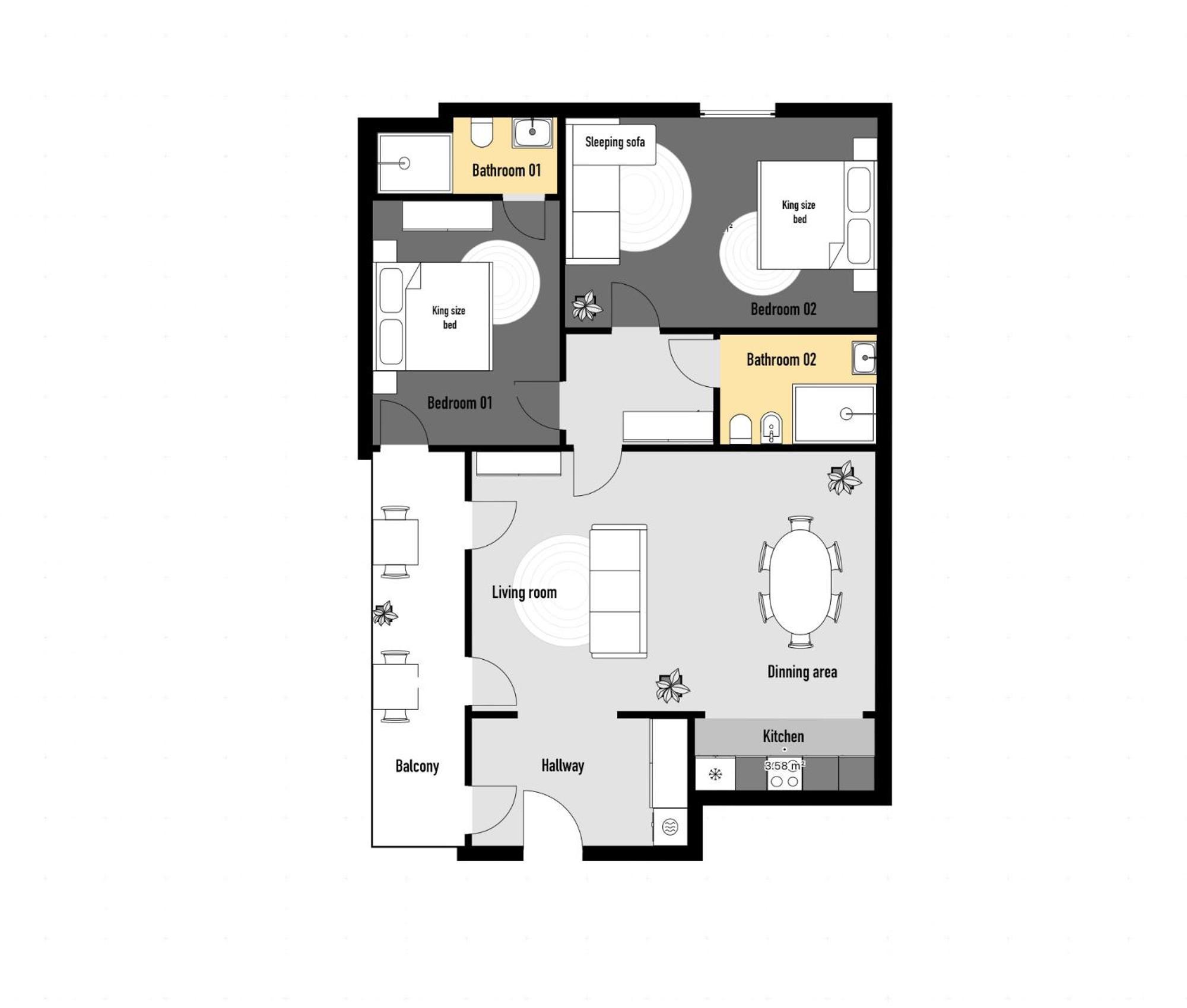 Deluxe Apartment mit Balkon und 2 Schlafzimmern